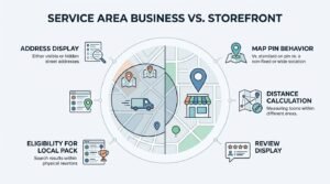 Infographic titled 'Service Area Business vs. Storefront' comparing address display, local pack eligibility, map pin behavior, distance calculation, and review display around a central split illustration of a delivery vehicle and a storefront building.