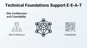 Infographic on technical foundations support E-E-A-T, detailing site architecture and crawlability.