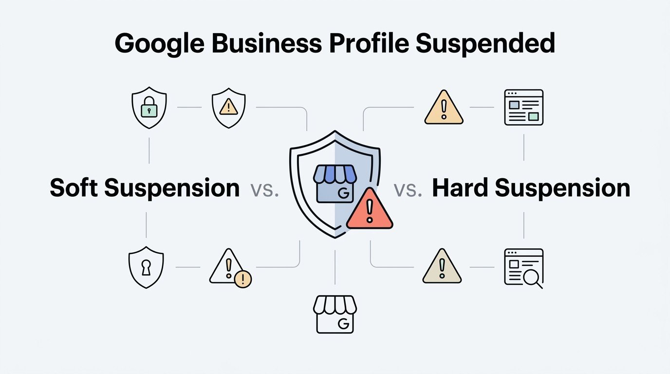 Infographic on Google Business Profile suspension, detailing soft suspension versus hard suspension.
