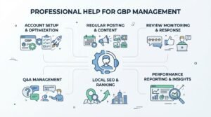 Infographic titled 'Professional Help for GBP Management' illustrating five core service areas: account setup and optimization, regular posting and content, review monitoring and response, performance reporting and insights, and Q&A management surrounding a central local SEO and ranking support icon.
