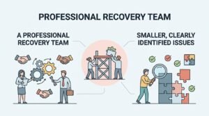Infographic titled 'Professional Recovery Team' illustrating a professional recovery team with gears, handshakes, and business professionals on the left, and smaller, clearly identified issues with a puzzle and magnifying glass on the right, surrounding a central collaborative construction graphic.