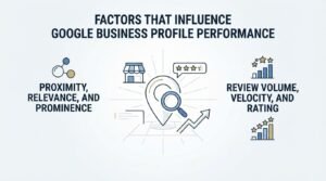 Infographic titled 'Factors That Influence Google Business Profile Performance' illustrating proximity, relevance, and prominence on the left, and review volume, velocity, and rating on the right, surrounding a central map pin and magnifying glass icon.