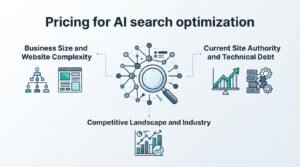 Infographic on pricing for AI search optimization, detailing business size and website complexity, current site authority and technical debt, and competitive landscape and industry