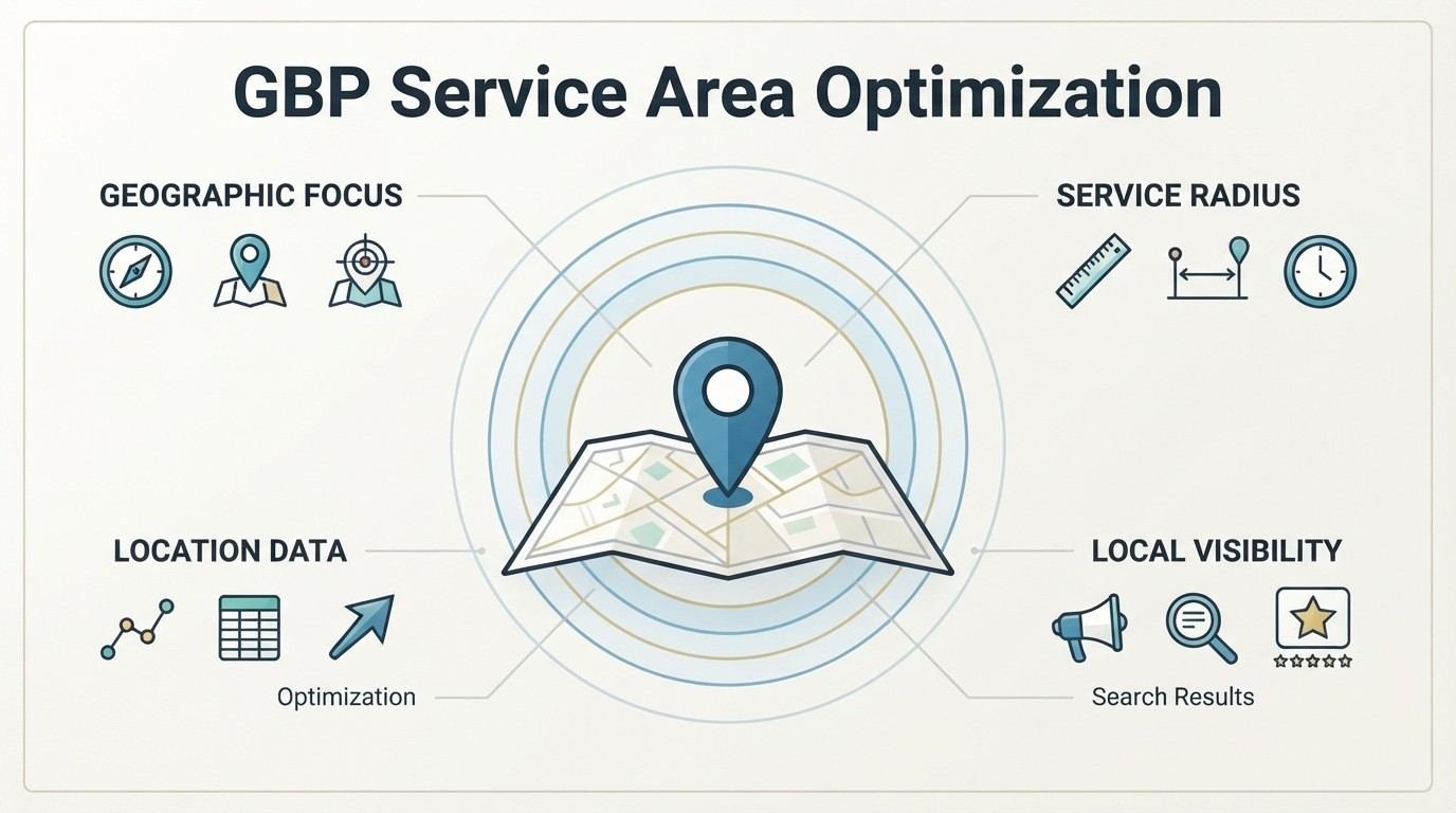Infographic on GBP service area optimization, detailing geographic focus, service radius, location data optimization, and local visibility search results.