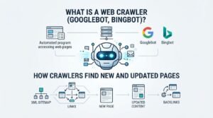 B2B technical educational infographic titled 'WHAT IS A WEB CRAWLER (GOOGLEBOT, BINGBOT)?' illustrating automated search bot architecture and mapping 'HOW CRAWLERS FIND NEW AND UPDATED PAGES' through XML sitemaps, internal links, new pages, updated content, and external backlinks
