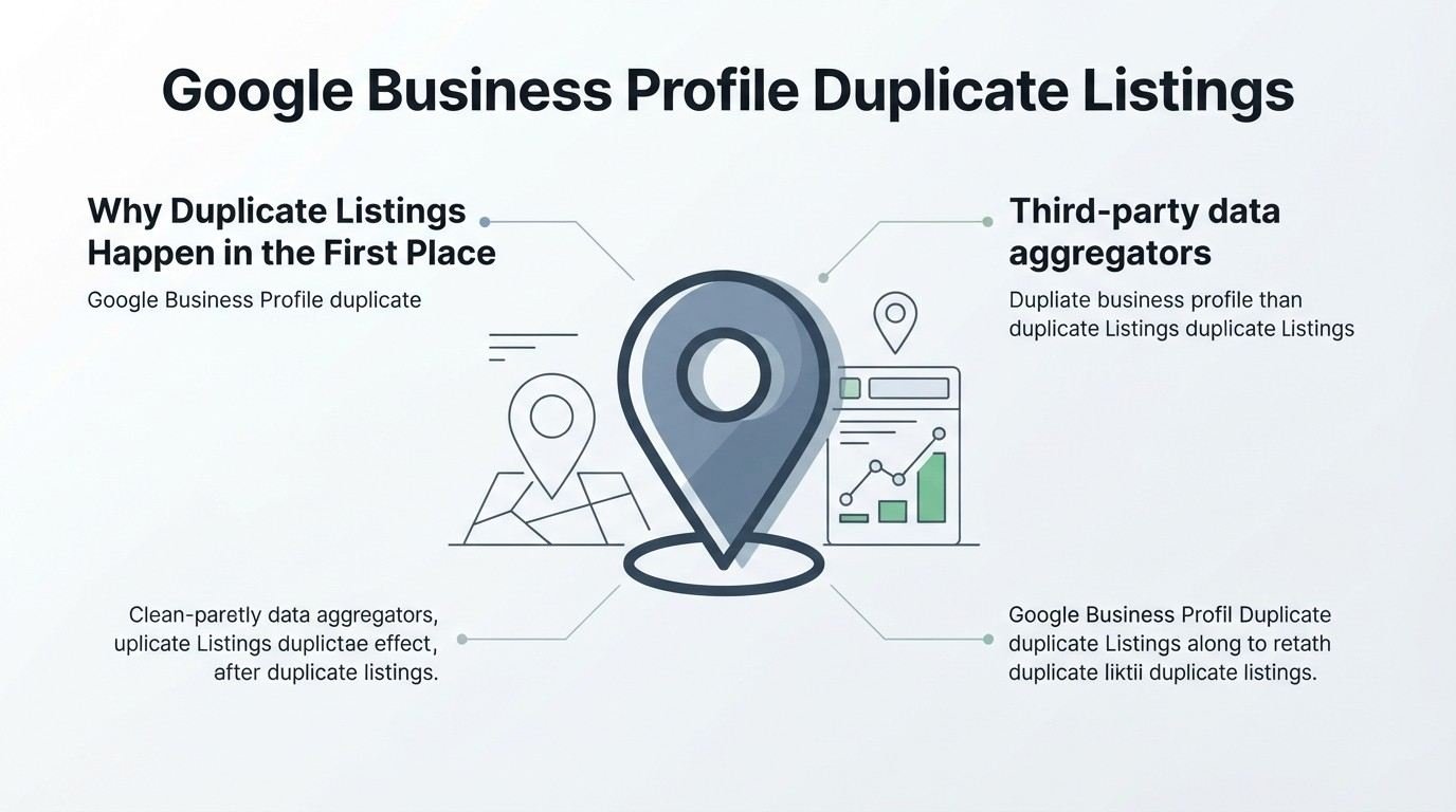 Infographic on Google Business Profile duplicate listings, detailing why duplicate listings happen in the first place and third-party data aggregators.