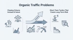 B2B technical educational infographic titled 'Organic Traffic Problems' detailing the risks of chasing volume over intent on the left and deploying short-term tactics that create long-term risk on the right, centered around a diverging arrow trajectory that splits upward into 'Volume' and straight into 'Intent' over shattered charts and a penalty risk gauge