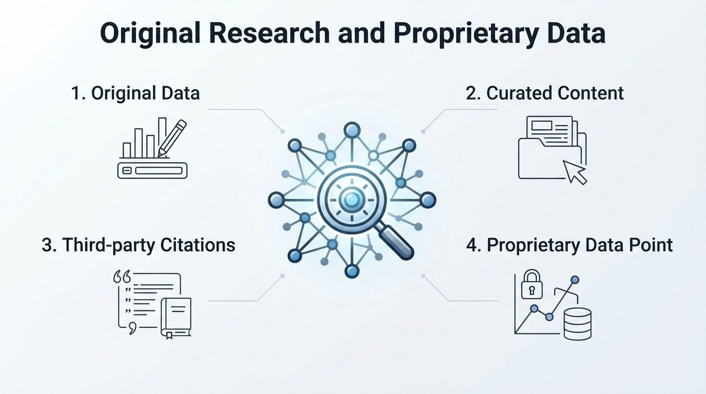 Infographic on original research and proprietary data, detailing original data, curated content, third-party citations, and proprietary data point.