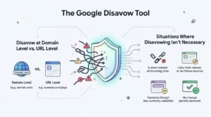 Infographic titled 'The Google Disavow Tool' illustrating disavow options at the domain level versus URL level on the left, and situations where disavowing isn't necessary on the right-covering small numbers of incoming links, links from natural or no-follow sources, harmless low-authority websites, and cases with no manual penalty received-surrounding a central security shield and blocked spam links icon.
