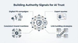 Infographic on building authority signals for AI trust, detailing digital PR campaigns, expert quotes, consistent brand mentions, and link building strategies.