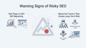 Infographic on warning signs of risky SEO, detailing red flags in SEO reporting, and black-hat tactics that create long-term risk such as hidden automated botnets and domino effect roffets.