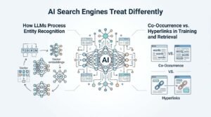 Infographic on AI search engines treat differently, detailing how LLMs process entity recognition with tokenization and vector embeddings, and co-occurrence versus hyperlinks in training and retrieval.