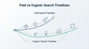 B2B strategic comparison infographic titled 'Paid vs Organic Search Timelines' contrasting the rapid, linear acceleration of Paid Search against the steady, compounding growth trajectory of Organic Search originating from a shared starting node