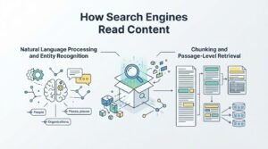 Infographic on how search engines read content, detailing natural language processing and entity recognition, and chunking and passage-level retrieval.