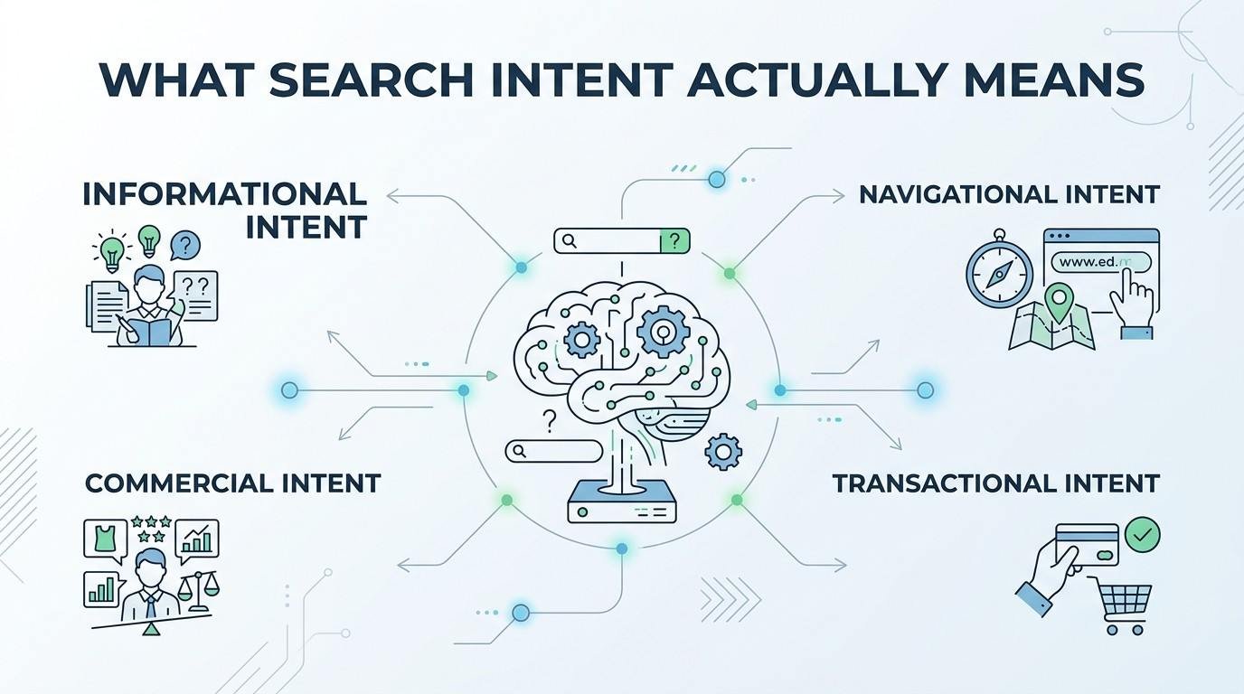 B2B educational infographic titled 'WHAT SEARCH INTENT ACTUALLY MEANS' breaking down the four search intent categories around an AI brain processing hub