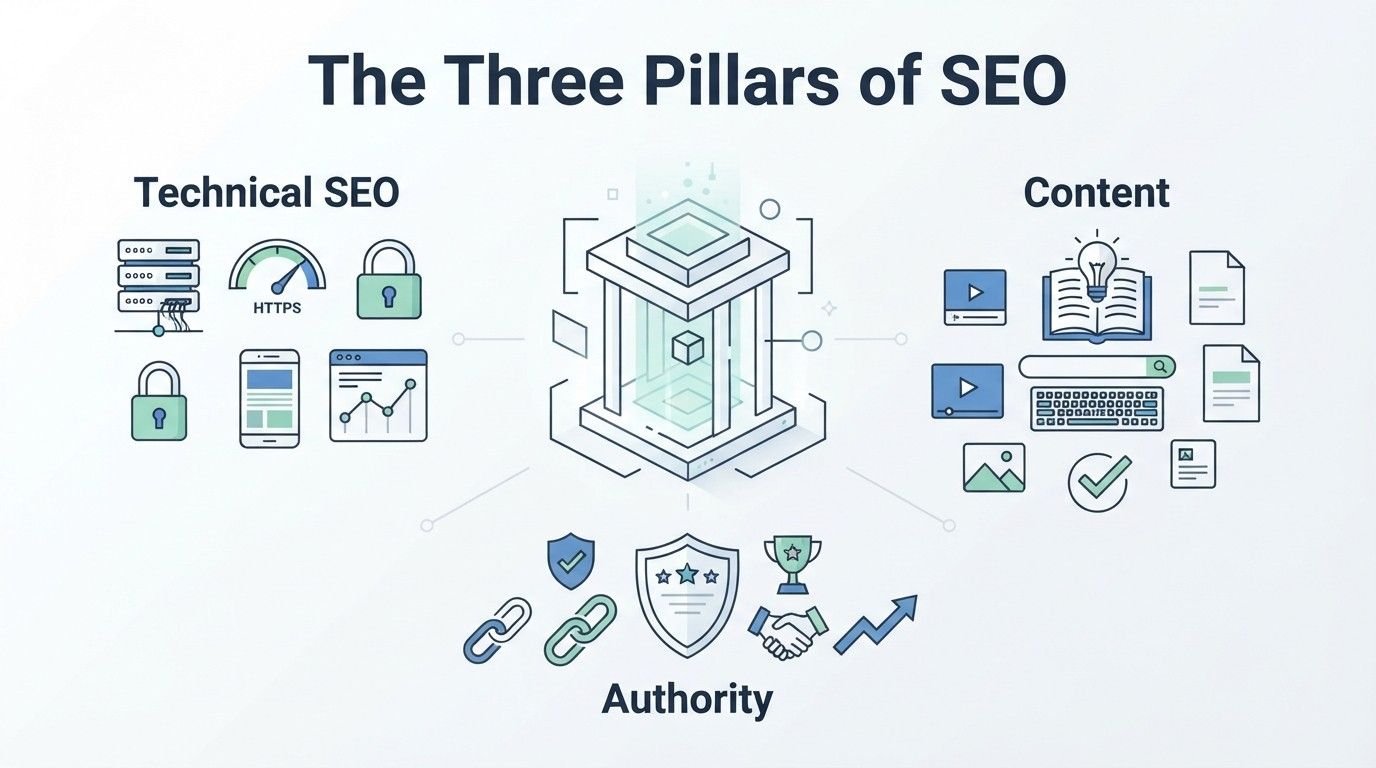 B2B technical educational infographic titled 'The Three Pillars of SEO' detailing Technical SEO, Content, and Authority around a central 3D architectural pediment structure with glowing data pillars housing an internal cube core