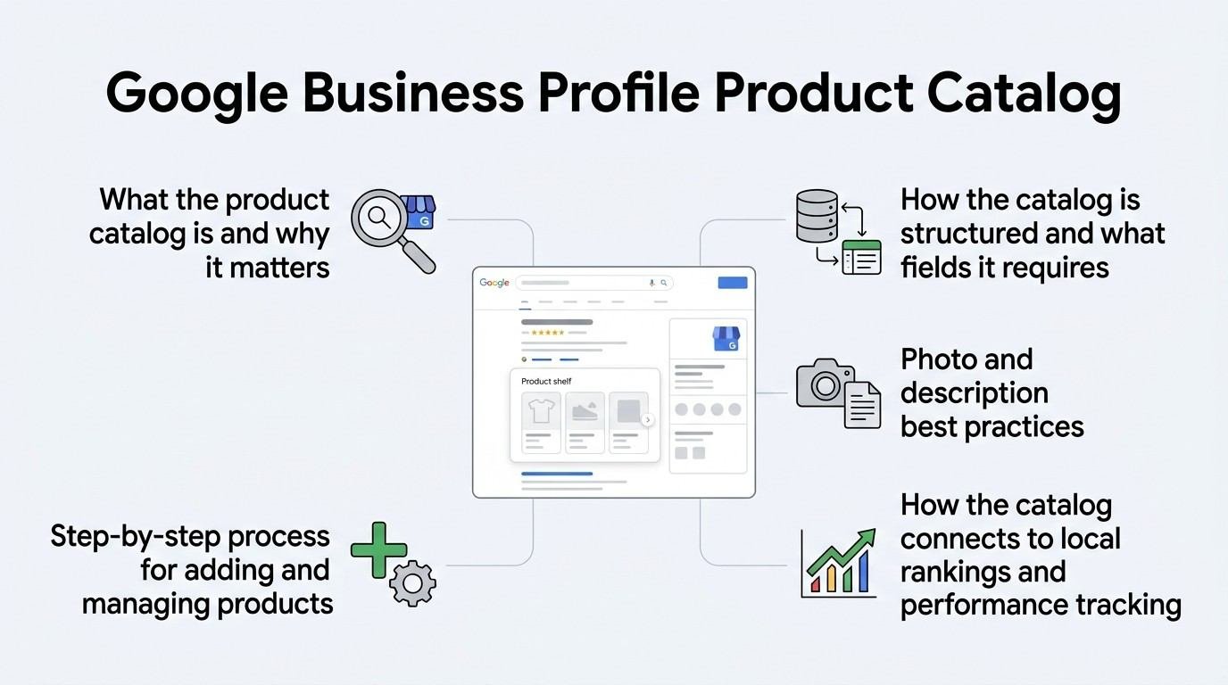 Infographic on Google Business Profile product catalog, detailing what the product catalog is and why it matters, how the catalog is structured and what fields it requires, photo and description best practices, how the catalog connects to local rankings and performance tracking, and a step-by-step process for adding and managing products.