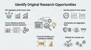 Infographic on identify original research opportunities, detailing pulling aggregate performance data, identifying repeating patterns, cross-referencing patterns against industry questions, anonymizing and aggregating data, validating sample size, and framing findings as standalone statistics.