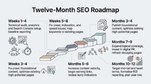 Educational B2B procurement infographic titled 'Twelve-Month SEO Roadmap' mapping out an ascending staircase of deliverables from initial technical audits to Year 2 ROI planning