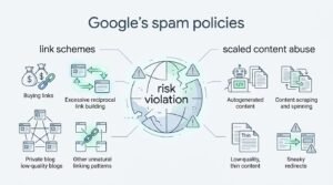 Infographic on Google's spam policies detailing risk violations such as link schemes (buying links, excessive reciprocal links, private blog networks, unnatural patterns) and scaled content abuse (autogenerated content, content scraping, low-quality thin content, sneaky redirects)