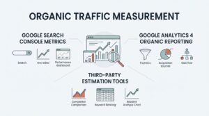 B2B technical educational infographic titled 'ORGANIC TRAFFIC MEASUREMENT' detailing three data ecosystems-Google Search Console Metrics, Google Analytics 4 Organic Reporting, and Third-Party Estimation Tools-centered around a browser analytics dashboard inspected by a magnifying glass.