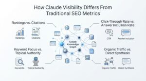 Infographic on how Claude visibility differs from traditional SEO metrics, detailing rankings vs. citations, keyword focus vs. topical authority, click-through rate vs. answer inclusion rate, and organic traffic vs. direct synthesis.