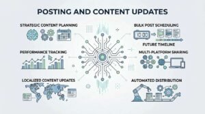 Infographic detailing posting and content updates, illustrating strategic content planning, bulk post scheduling, future timeline tracking, multi-platform sharing, automated distribution, localized content updates, and performance tracking.