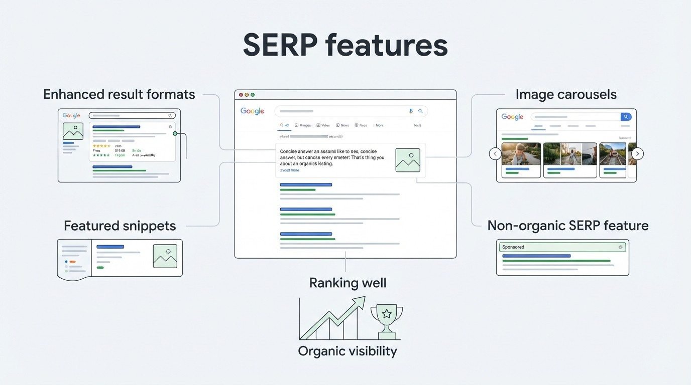 B2B educational infographic titled 'SERP features' illustrating Google search results layout, detailing Enhanced result formats, Featured snippets, Image carousels, and Non-organic SERP features alongside organic ranking visibility metrics
