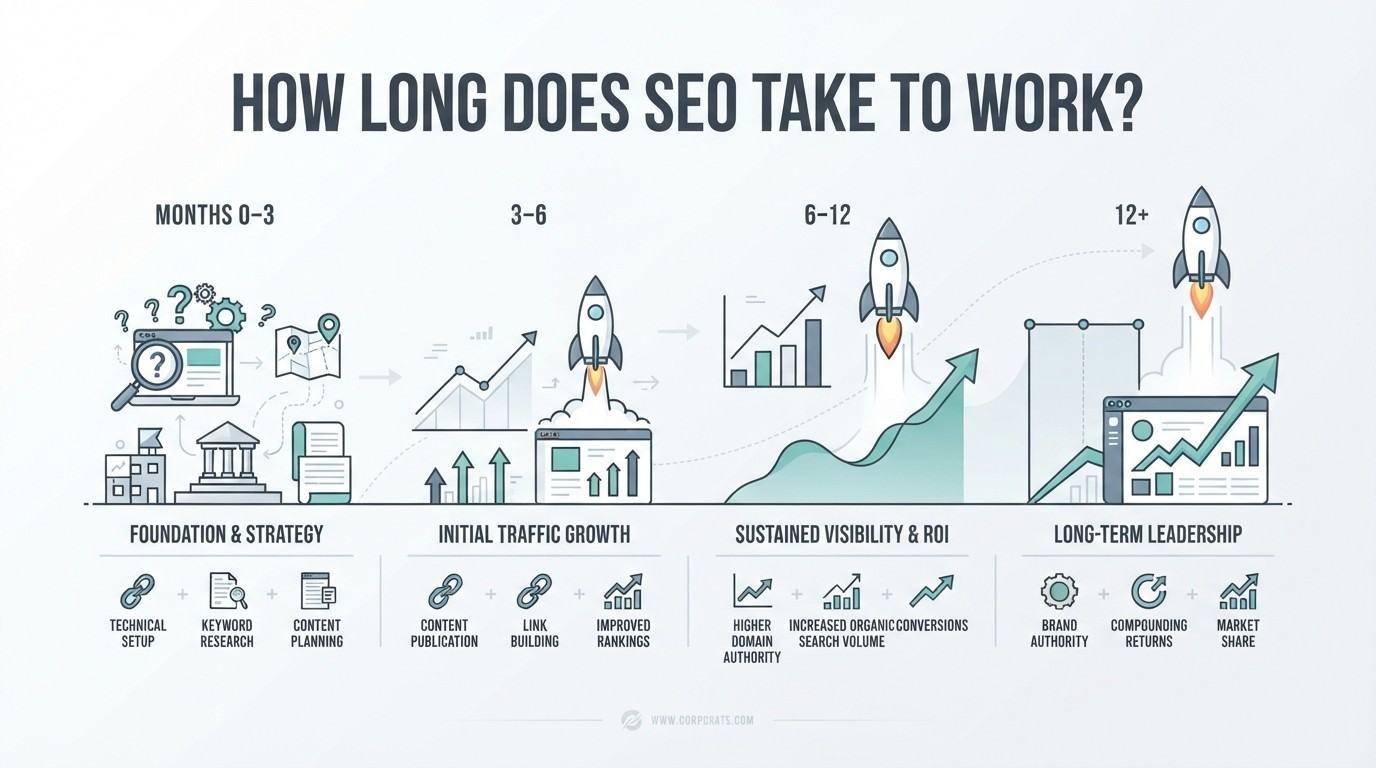 B2B educational infographic titled 'HOW LONG DOES SEO TAKE TO WORK?' mapping four progressive growth phases across Months 0–3, 3–6, 6–12, and 12+ along an ascending rocket launch and compounding traffic curve