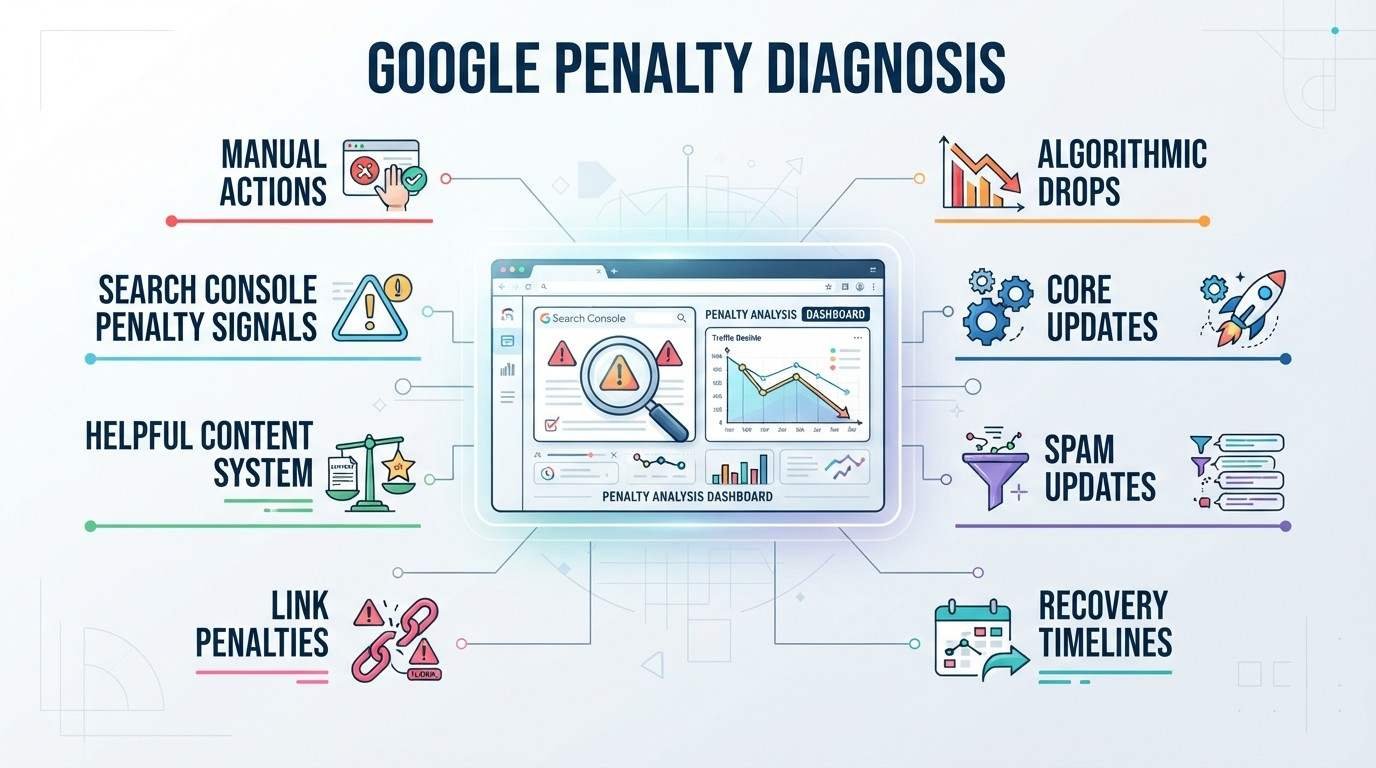 Infographic titled 'Google Penalty Diagnosis' illustrating manual actions, search console penalty signals, helpful content systems, and link penalties on the left, alongside algorithmic drops, core updates, spam updates, and recovery timelines on the right, surrounding a central penalty analysis dashboard and search console interface.