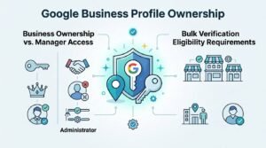 Infographic detailing Google Business Profile ownership, comparing business ownership versus manager access, administrator roles, and bulk verification eligibility requirements.