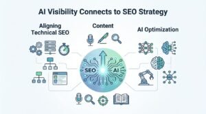 Infographic on AI visibility connects to SEO strategy, detailing aligning technical SEO, content, and AI optimization.