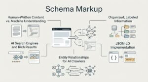 Infographic on schema markup, detailing human-written content vs. machine understanding, organized and labeled information, AI search engines and rich results, JSON-LD implementation, and entity relationships for AI crawlers including person, organization, and association.