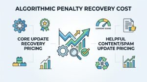 Infographic titled 'Factors SEO Penalty Recovery Cost' illustrating penalty type and severity on the top, backlink profile damage on the bottom left, and site size and technical complexity on the right, surrounding a central SEO and diagnostic gear graphic.