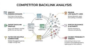 Competitor backlink analysis infographic illustrating a step-by-step reverse-engineering workflow to identify ranking domains, export profiles, filter shared competitor links, and target high-probability link prospects.