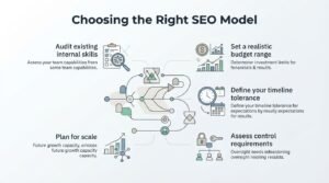 Infographic on choosing the right SEO model, detailing audit existing internal skills, set a realistic budget range, define your timeline tolerance, assess control requirements, and plan for scale