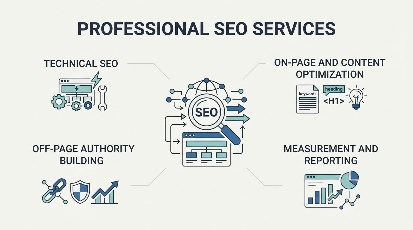 Educational B2B procurement infographic titled 'PROFESSIONAL SEO SERVICES' centered on a magnifying glass inspecting an 'SEO' badge, web browser wireframe, and network globe, detailing four core delivery pillars: Technical SEO, On-Page and Content Optimization, Off-Page Authority Building, and Measurement and Reporting