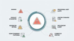 Infographic illustrating warnings on the top left, professional alert alerts on the top right, checklist and validation, scrutiny standards flags, recognition criteria, data scrutiny and audit, clean typography positioning, and elements of scrutiny surrounding a central warning triangle icon.