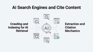 Infographic on AI search engines and cite content, detailing crawling and indexing for AI retrieval, and extraction and citation mechanics.
