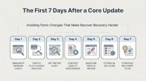 Infographic titled 'The First 7 Days After a Core Update' illustrating a 7-day timeline for avoiding panic changes, covering immediate ranking checks on Day 1, traffic fluctuation analysis on Day 2, key metric audits on Day 3, content quality assessments on Day 4, backlink profile reviews on Day 5, technical SEO scans on Day 6, and strategic recovery plans on Day 7.