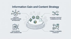 Infographic on information gain and content strategy, detailing content differentiation approaches, data-driven topic generation, format and channel strategy, and avoiding content cannibalization