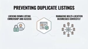 Infographic titled 'Preventing Duplicate Listings' illustrating two core strategies: locking down listing ownership and access on the left, and managing multi-location businesses correctly on the right around a central verified dashboard icon.