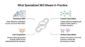 Educational comparison infographic titled 'What Specialized SEO Means In Practice' centered on a diagonal chain link labeled 'SEO', itemizing four distinct disciplines: Technical SEO, Content Specialists, Link Acquisition, and Vertical Specialists