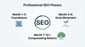 Educational B2B procurement infographic titled 'Professional SEO Phases' centered on a three-segment circular 'SEO' progress wheel, illustrating three chronological delivery stages: Month 1–3 Foundations, Month 4–6 Early Movement, and Month 7–12+ Compounding Returns