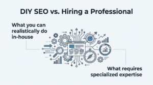 B2B educational infographic titled 'DIY SEO vs. Hiring a Professional' contrasting in-house tasks with specialized external expertise around a central technical web dashboard