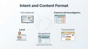 B2B content strategy and technical SEO infographic titled 'Intent and Content Format' mapping five distinct search intent categories—Informational, Commercial investigation, Transactional, Navigational, and Local—to their optimal webpage layout templates around a central circular hub