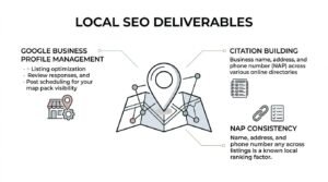 Educational SEO infographic titled 'Local SEO Deliverables' centered on an unfolded street map graphic with a prominent geo-pin and networked location nodes, detailing core local search pillars: Google Business Profile management, citation building across web directories, and NAP consistency