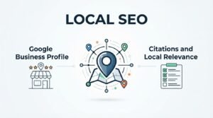 Educational B2B procurement infographic titled 'LOCAL SEO' centered on a multi-point map grid with a primary location pin, illustrating two foundational execution pillars: Google Business Profile optimization and Citations and Local Relevance