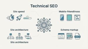 B2B technical educational infographic titled 'Technical SEO' mapping out four foundational pillars—Site speed, Mobile-friendliness, Site architecture, and Schema markup—around a central gear engine and circuit node mechanism