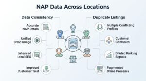 Infographic detailing NAP data across multiple locations, comparing data consistency benefits such as accurate NAP details, unified brand image, enhanced local SEO, and improved customer trust against duplicate listing challenges including multiple conflicting profiles, customer confusion, diluted ranking signals, and a fragmented online presence.